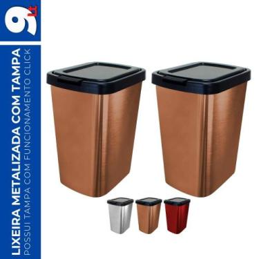Imagem de Kit 2 Lixeira 9L Metalizado c/ Tampa Click Banheiro Cozinha - Arqplast