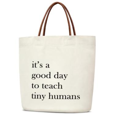 Imagem de mermermu Sacola feminina de lona para professores, presente de Natal para ensino, sacolas de compras de supermercado reutilizáveis estéticas com alças de couro, bolsa de ombro dobrável, bolsa de praia