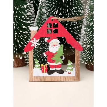 Imagem de 1 enfeite de madeira em forma de casa com pingente de Papai Noel, decoração de festa festiva, ideal como presente de ano novo.