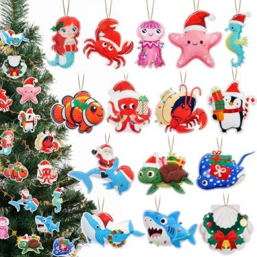 Imagem de Remerry 15 peças de enfeite de criatura marinha de feltro de Natal com chapéu de Papai Noel, conjunto de enfeites de estatueta de Natal pendurados na praia, enfeites de árvore costeira para decoração