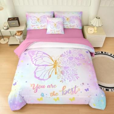 Imagem de Yadangxiawa Jogo de cama casal com estampa de borboleta, 6 peças, para adolescentes, com 1 colcha + 1 lençol de cima + 1 lençol com elástico + 2 fronhas + 1 capa de almofada (casal borboleta)