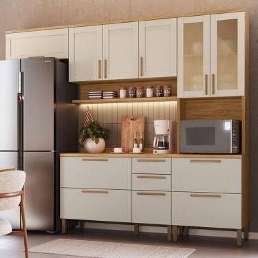 Imagem de Armário de Cozinha Americana com Balcão e Tampo 11 Portas 2 Gavetas Texas 100% Mdf com Vidro Reflecta Amêndoa/Off White - Pnr Móveis