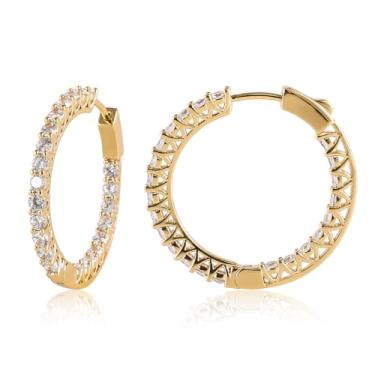 Imagem de JMLOON Brincos de argola de zircônia cúbica folheados a ouro 14K do avesso redondo com corte quadrado CZ para mulheres, 35mm, Latão, Zircônia cúbica