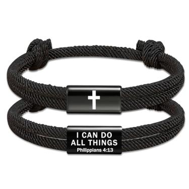 Imagem de ESPVO Pulseiras masculinas cruzadas com versículo bíblico, corda trançada, ajustável, cristão, batismo, religioso, Natal, meia de presente, 8 Inches, Aço inoxidável, Sem Pedra Preciosa