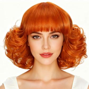Imagem de Peruca de gengibre curto Bob com franja para mulheres, perucas de cabelo natural encaracolado sintético para fantasia cosplay uso diário (18C # (gengibre))