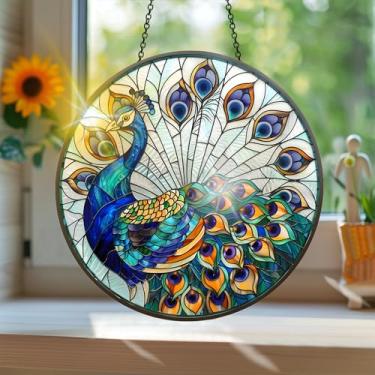 Imagem de Apanhador solar de acrílico colorido, estilo vitral com estampa de pavão animal com reflexos de arco-íris, arte de parede para decoração de janela suspensa, ornamentos de Natal para uso interno e