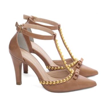 Imagem de SAPATO SCARPIN FEMININO TORRICELLA CARAMELO APLIQUE DE PÉROLA DOURADO NÚMERO 35