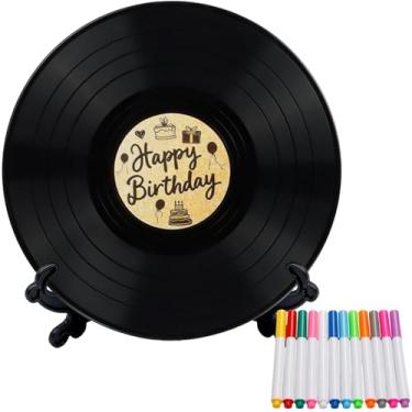 Imagem de Livro de visitas de disco de vinil - Pôster de placa de festa de aniversário personalizado 29,5 cm x 11,15 cm com 12 canetas, livro de visitas com tema de música retrô para decorações de aniversário
