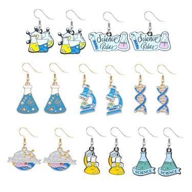 Imagem de QLUYCKW Conjunto de 8 a 9 pares de brincos de química de biologia para mulheres e homens, brincos personalizados de liga esmaltada, biologia, química, átomo, DNA, microscópio, cérebro, coração, joia