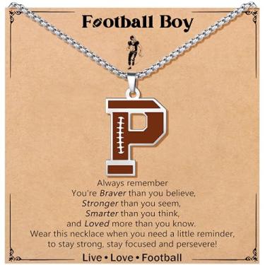 Imagem de JoycuFF Colar de futebol masculino com inicial A-Z, pingente de pingente de futebol em corrente de prata de aço inoxidável, presente de Natal personalizado para filho, neto e sobrinho, Aço inoxidável