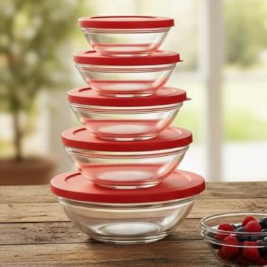 Imagem de Conjunto de Potes de Vidro com Tampa Vermelha, Redondos, 5 Peças, 135ml a 1000ml, Empilháveis, Próprio para Micro-ondas e Freezer