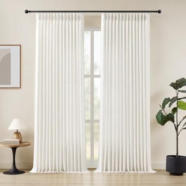 Imagem de Cortinas de linho plissadas com 246 cm de comprimento para sala de estar, cortinas plissadas com filtragem de luz branca bege texturizada grossa do chão ao teto cortina semitransparente com ganchos