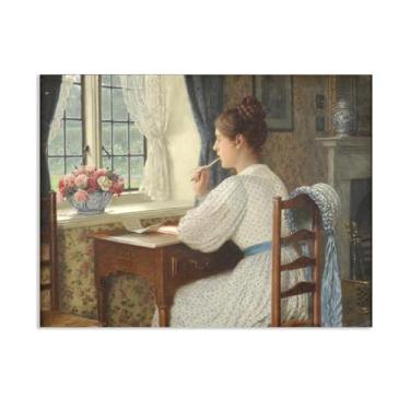 Imagem de SDYJ6GSW Edmund Leighton impressão em tela Straying Thoughts por reproduções de pinturas famosas Edmund Leighton pôster arte de parede para sala de estar quarto decoração de parede 65 x 50 cm