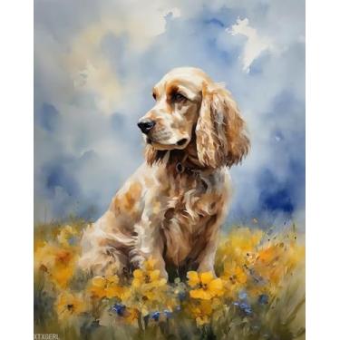 Imagem de XTXGERL Pintura DIY por números para adultos Cocker Spaniel, Flower Meadow DIY Painting by Number Kits de pintura a óleo para desenho em tela, decoração de casa, 40 x 50 cm sem moldura