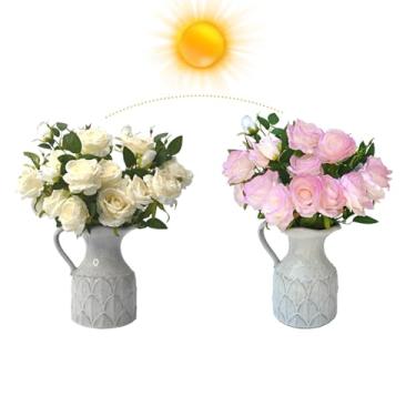 Imagem de 5 peças de ramo falso de rosas de seda - 66 cm de luz solar que muda de cor flores artificiais, haste longa de rosas falsas para arranjos de centro de mesa de casamento, decoração de festa de