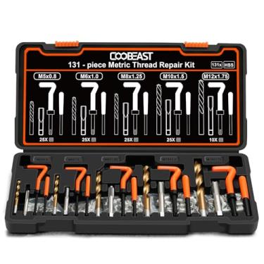 Imagem de coobeast Kit de reparo de rosca 131 peças, kit de reparo de helicóptero métrico com brocas HSS, inserção de rosca de aço inoxidável 304 e conjunto de ferramentas de rerosqueamento em M5 M6 M8 M10 M12