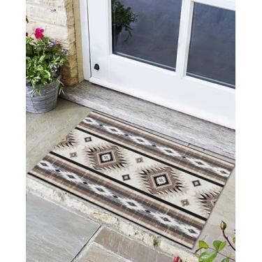 Imagem de Capacho retrô, marrom, boêmio, listrado, antiderrapante, tapetes de entrada, totem étnico tribal asteca, tapete lavável, para sala de estar, quarto, banheiro, entrada, 61 x 91 cm
