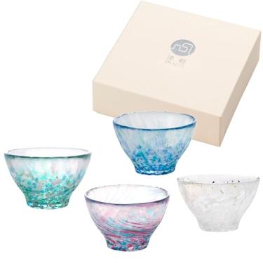 Imagem de Conjunto de copos de saquê artesanal japonês, artigos de vidro artesanais para saquê frio e shochu, feito no Japão (conjunto de copos de saquê (4 peças) - Série floral e festival, 85 ml (85 ml))