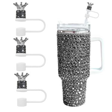 Imagem de JIASHEBDE Conjunto de 3 peças de topo de palha de diamante de coroa para copo Stanley - Capas de palha brilhantes com strass brilhantes para copos de 30 e 1,134 g, 21 cores para presente de princesa