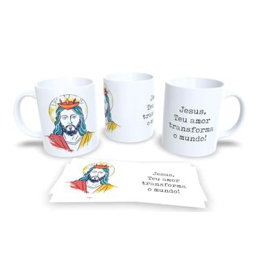 Imagem de Caneca Religiosa com Terço, Com o Terço Renovo Minha Devoção, Porcelana Branca, Design Artístico em Tons Pastéis (13741)