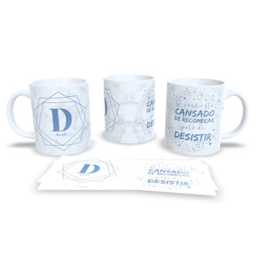 Imagem de Caneca Motivacional com Frase 'Se Você Está Cansado de Recomeçar Pare de Desistir', Cerâmica Branca, Design Geométrico Azul (d)