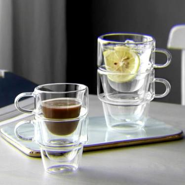 Imagem de Conjunto de 4 Canecas Café Isoladas Parede Copos com Alça Ideais para Bebidas Quentes e Frias Latte Cappuccinos Chá Empilháveis Design Moderno Seguro Micro-ondas Forno Lavadora Pratos Geladeira Vidro