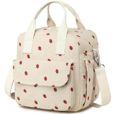 Imagem de LOVELYWIND Lancheira feminina de morango, bolsa térmica de veludo cotelê para toda a família, refrigerador transversal grande com alça ajustável, lancheira reutilizável para garrafa de tamanho normal