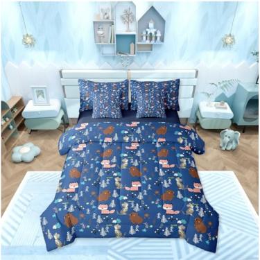Imagem de Erosebridal Jogo de cama casal com desenho animado de urso azul, 7 peças, animais selvagens, raposa e gato, animais selvagens, animais selvagens, lençol com enchimento botânico