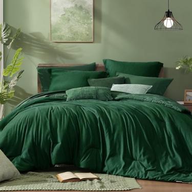 Imagem de Monbix Conjunto de edredom Queen – 7 peças de cama queen com tintura catiônica verde esmeralda em uma bolsa, conjunto de cama queen com edredom, lençóis, fronhas e fronhas, edredom reversível