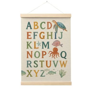 Imagem de Evcprz Moldura de pôster de arte de parede do alfabeto oceano, decoração de berçário do oceano, impressão em tela educativa do alfabeto para decoração de parede para quarto de crianças, sala de jogos