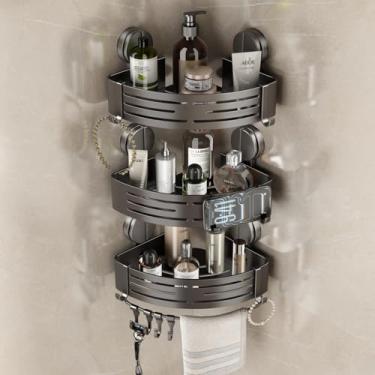 Imagem de VOLPONE Suporte de canto para chuveiro, ventosa de canto, prateleira de chuveiro, sem perfuração, organizador de banheiro, suporte de armazenamento, adesivo triângulo com ganchos de barra de toalha, 3