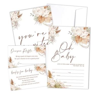Imagem de Convite para chá de bebê Boho Flowers com envelopes, bilhetes para sorteio de fraldas, cartões de solicitação de livros, conjunto de lembrancinhas de decoração de chá de bebê floral boêmio, convites