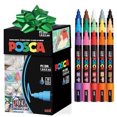 Imagem de Posca Marcadores de arte de tinta, conjunto de 15 marcadores posca médios 5M com pontas reversíveis, conjunto de canetas de tinta acrílica para presentes, tecido decorativo, metal, vidro, madeira e