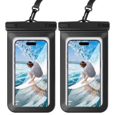Imagem de Pacote com 2 bolsas impermeáveis para celular, bolsa de praia à prova d'água, compatível com iPhone 16, 15, 14, 13, 12 Pro Max, itens essenciais de viagem para celular IPX8 para praia, preto e preto
