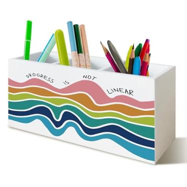 Imagem de YTRGI Organizador de lápis inspirador de saúde mental arco-íris para mesa, presentes de terapeuta, placa de bloco de madeira Progress Is Not linear para terapia conselheira, decoração de mesa de