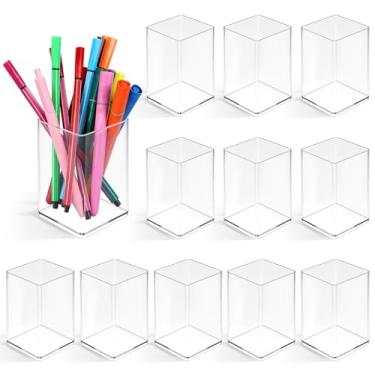 Imagem de IANFAN Pacote com 12 porta-canetas de acrílico transparente para mesa, porta-pincéis de maquiagem, copo de lápis de acrílico, organizador de papelaria para escritório, casa, canetas, marcadores