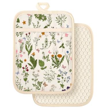 Imagem de Slohif Conjunto de 2 suportes de panela 100% algodão – Linha de flores resistentes ao calor, forno, almofadas quentes para cozinha, cozinha, cozinha, cozinha, micro-ondas, churrasco