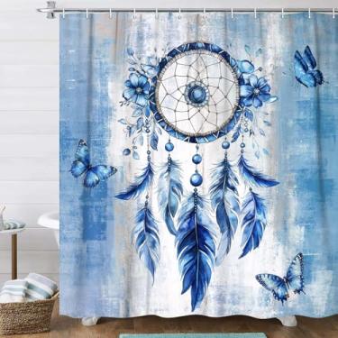 Imagem de DYNH Cortina de chuveiro de banho floral azul, azul Dreamy Boho Apanhador de Sonhos, Aquarela, flores florais, borboleta, tecido boêmio, impermeável, cortina de chuveiro para banheiro, decoração com