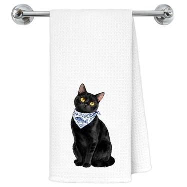 Imagem de Exqcom Toalhas de cozinha de gato preto, presentes de gato preto, toalhas de chá para decoração de cozinha, bandana azul e branca chinoiserie gatinho toalha de mão decorativa banheiro yoga spa