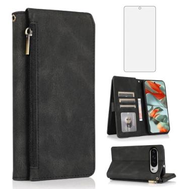 Imagem de Asuwish Compatível com Google Pixel 9 Pro XL/10 Pro XL, capa tipo carteira protetora de tela, zíper, retrô, de couro, suporte para cartão, acessórios para Pixel9 9Pro Nine Pixel10 10Pro LX Preto