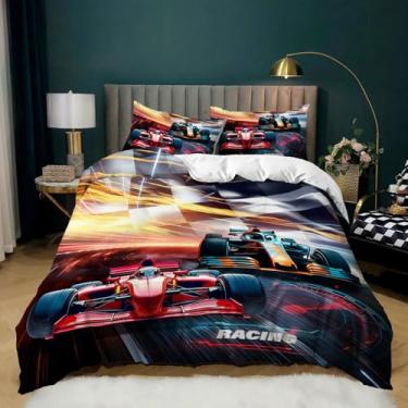 Imagem de AILONEN Conjunto de capa de edredom de carro de corrida 3D para crianças, meninos, adolescentes, tamanho Queen, conjuntos de cama de esportes radicais legais para decoração de quarto, capa de edredom
