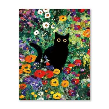 Imagem de RLTXBUK Kits de ponto cruz de gato preto floral vintage, kitten cottagecore colorido flores silvestres carimbadas contado kits de ponto cruz para iniciantes adultos e crianças, presentes para amantes