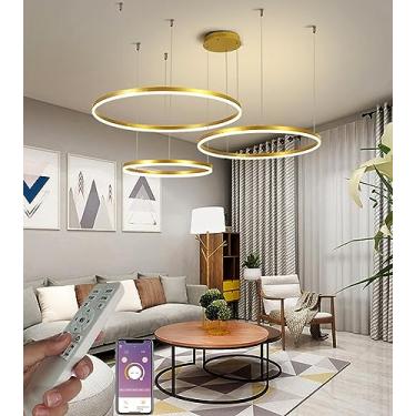Imagem de Luminária pendente LED em formato de anel, dimerizável, para sala de estar e quarto, sala de jantar, com controle por aplicativo e controle remoto. Lustre redondo em acrílico dourado com 3 v