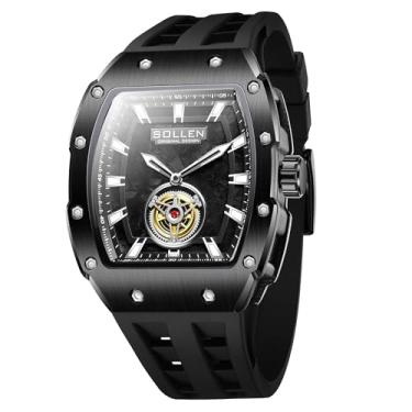 Imagem de SOLLEN Relógio masculino Black Tonneau, relógio de pulso masculino analógico de quartzo com ponteiros luminosos, pulseira de silicone, resistente à água até 30 m, relógios casuais para uso formal