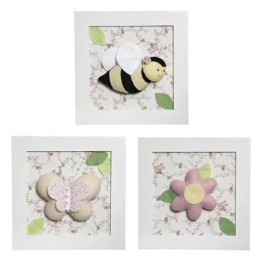 Imagem de Trio De Quadros Flora Quarto Bebê Infantil Menina - Potinho de mel