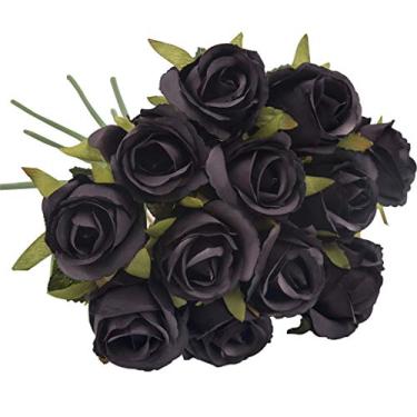 Imagem de Yalych 12 cabeças buquê de rosas artificiais de seda flores falsas folha festa de casamento decoração de casa guirlanda branca flores artificiais (cor: preto, tamanho: 25 x 17 x 5 cm)