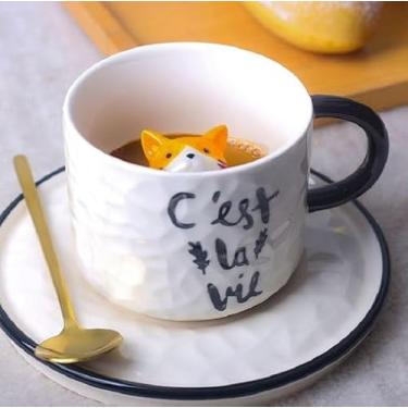 Imagem de Xícara C’est La Vie Coffee With Cat 220ml Cerâmica Decorada com Gatinho Laranja para Chá e Café