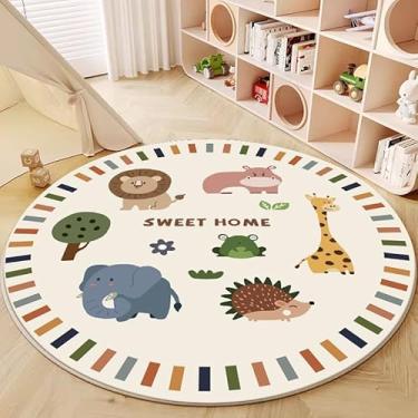 Imagem de Poowe Tapete infantil para berçário, redondo, educativo, alfabeto, macio, antiderrapante, para quarto de crianças pequenas (redondo 80 cm, casa de animais doces)
