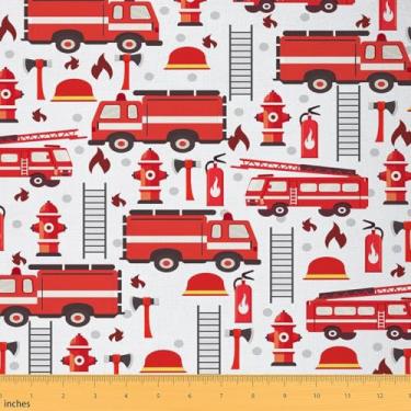 Imagem de Tecido de caminhão de bombeiros da The Yard, tecido de decoração de costura infantil vermelho para meninos - impressões de hidrante e extintor, 1 jarda