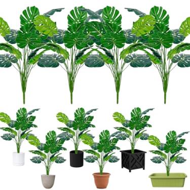 Imagem de Plantas artificiais de folhas de palmeira – 4 peças de planta falsa de 71 cm de altura, folha Monstera para ambientes internos e externos, planta grande de piso falso para sala de estar, decoração de